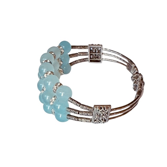 Triple Strand Aqua Bead Bracelet with Rhinestone Spacers and Silver-Tone Accents - Picture 9 of 10